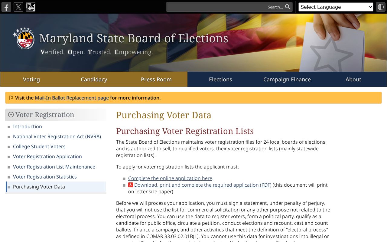 Cockeysville voter registration records Maryland voter data rules